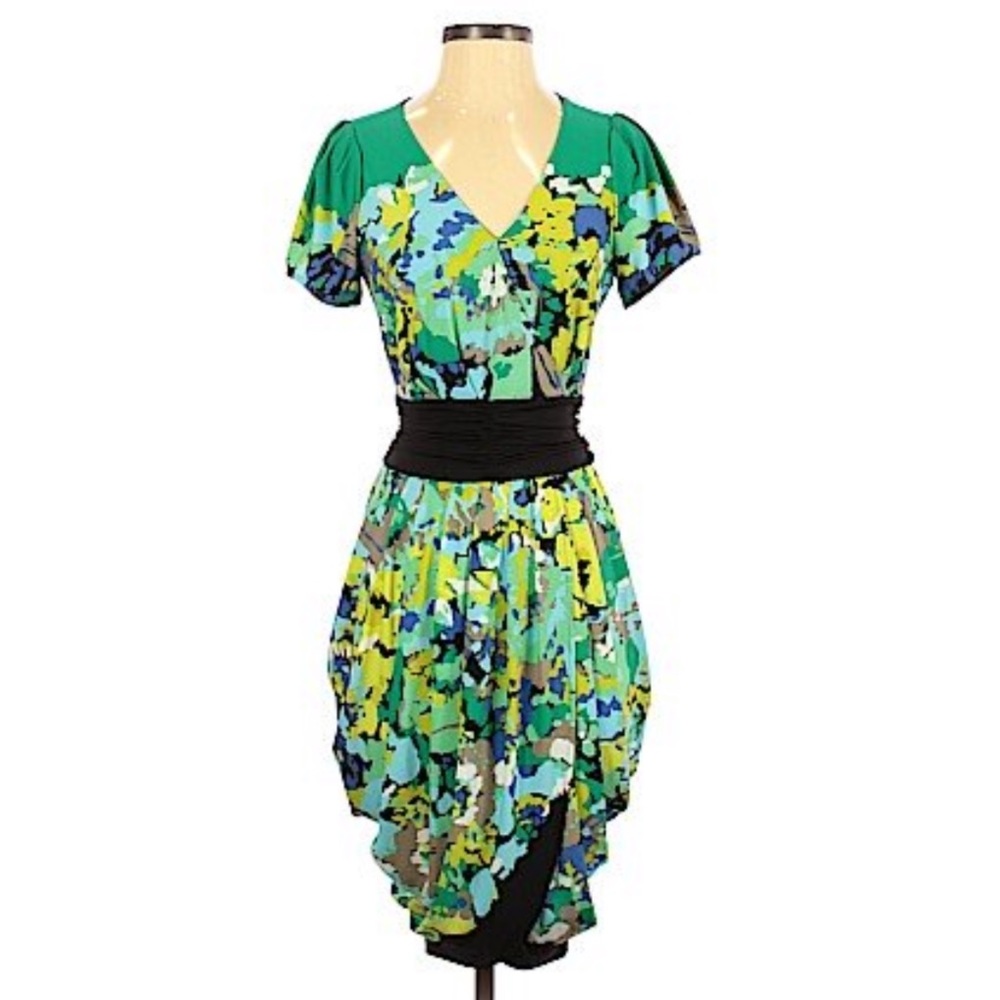 BCBG Green Floral Print V-Neck Dress with Black Waist
